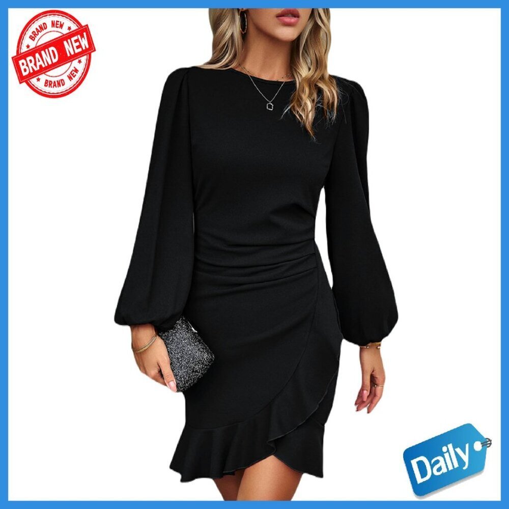 Ruched Bodycon Mini Dress Lantern Sleeve Work Formal Cocktail